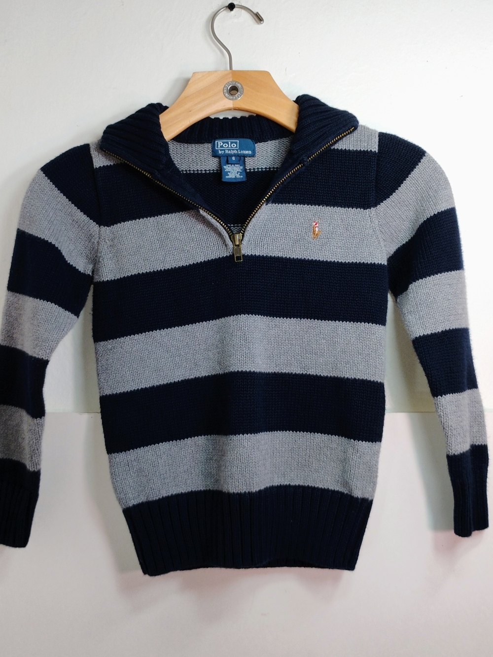 Ralph Lauren Navy & Gray Striped Half-Zip Sweater Kids Size 6